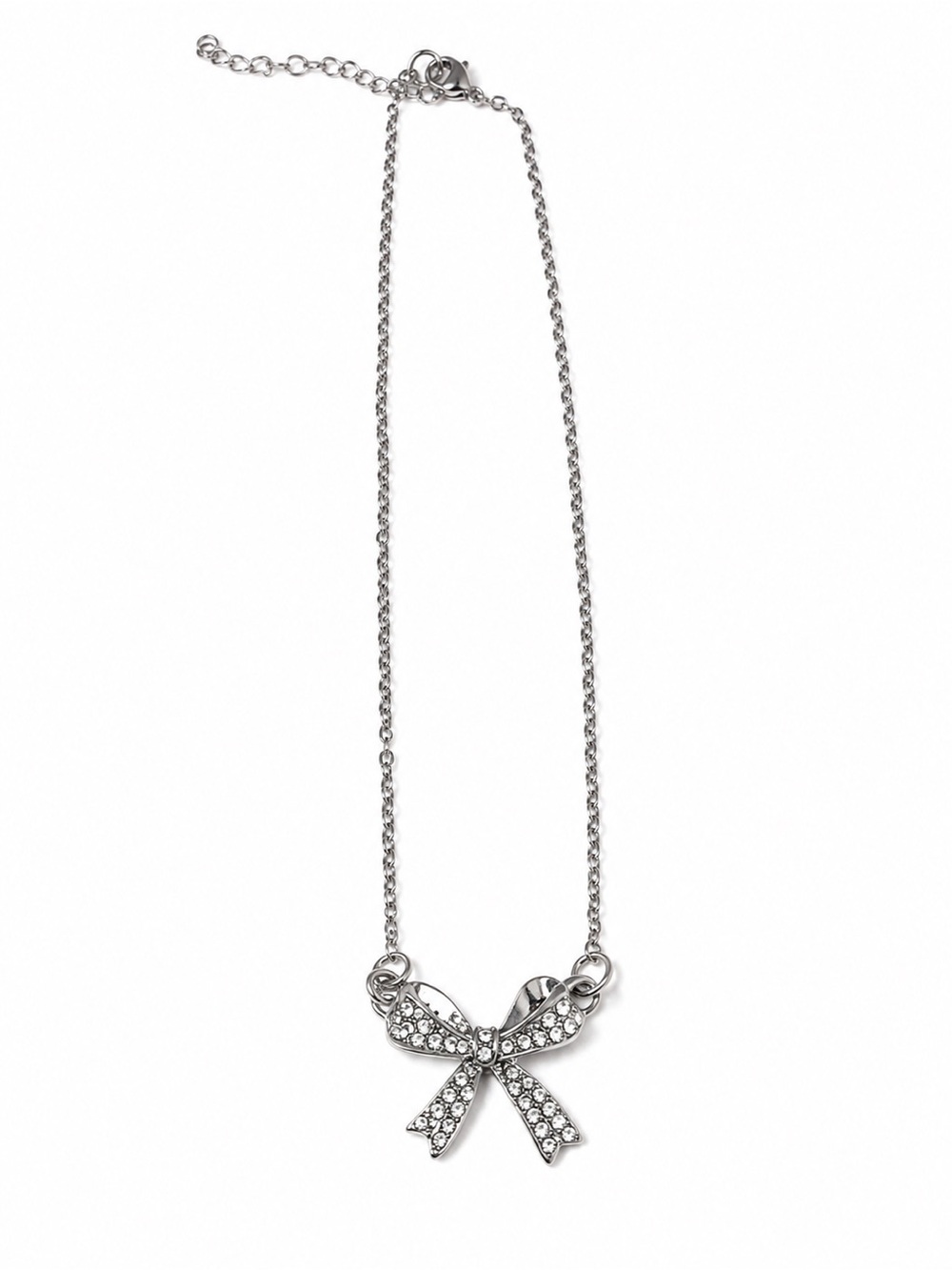 Crystal Bow Pendant Necklace - Silver